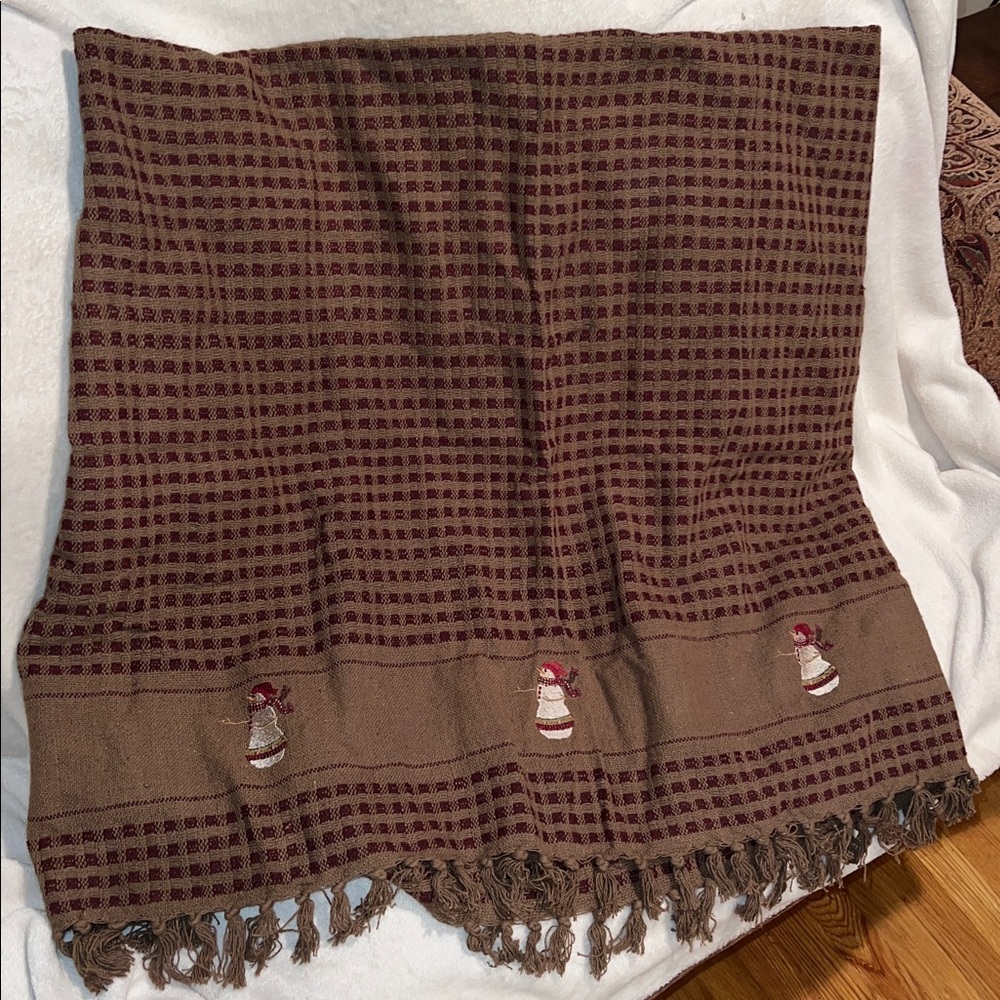 Blanket/Throw 100% cotton Brown/Red Fringed w/ Snowman Embroidery 50 x 60